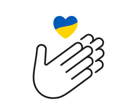 Pray for Ukraine icon. Stop war  . Illustration of peace. Hands and heart. Protection from Russian invaders. Stop war and military attack poster conceptのイラスト素材