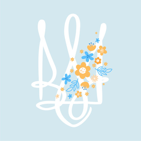 Vector ukrainian symbol Trident icon with flowers on blue background. Hand drawn calligraphy Coat of Arms of Ukraine State emblem color illustration imageのイラスト素材