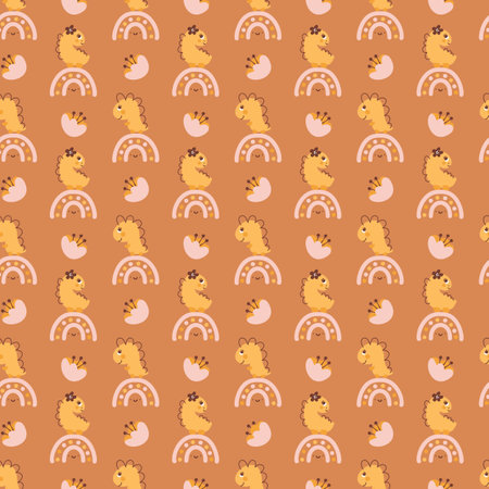 Cute vector kids seamless pattern with hand drawn girl dino, flower and rainbow on brown background. Creative childish illustration for fabric, textileのイラスト素材