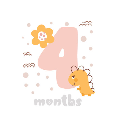4 four months anniversary card. Baby shower print with cute animal dino and flowers capturing all special moments. Baby milestone card for newborn girlのイラスト素材