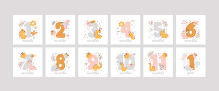Set of baby milestone cards for newborn girl. Baby shower print with cute animal dino and flowers capturing all special momentsのイラスト素材