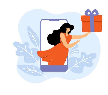Vector hand drawn woman presents gift box from telephone. Online shopping flat. Shop in telephone on web browser page for salesのイラスト素材