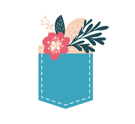 Hand drawn vector flower bouquet and grasses bunch in jeans pocket. For wedding greeting card, birthday or valentine dayのイラスト素材