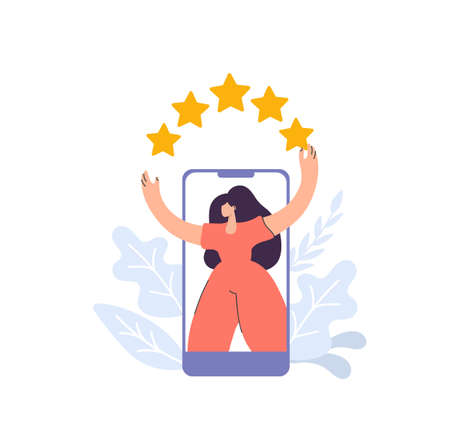 Woman from smartphone give feedback rating 5 stars. Vector flat people satisfied customer illustration by giving 5 star rating. Online shopping with give 5 rating and reviewのイラスト素材
