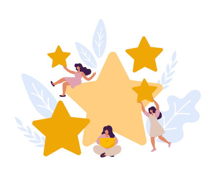 Vector people women are holding stars, giving five star feedback. Clients choosing satisfaction rating and leaving positive review. Customer review evaluation. Flat illustrationのイラスト素材