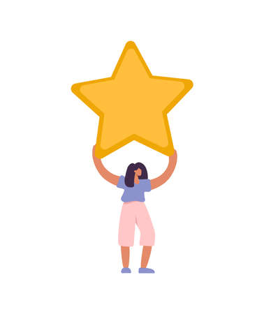 Happy and satisfied vector customer flat woman people is holding review star over her head. Five stars rating. Customer review rating and client feedback concept. Modern illustrationのイラスト素材