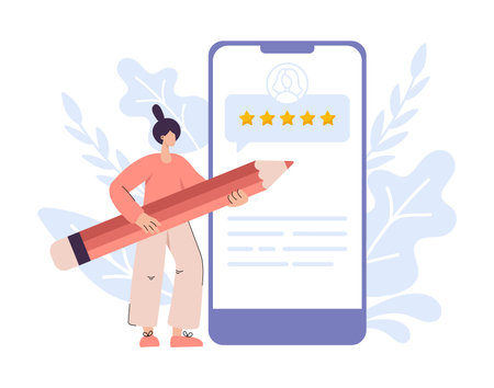 Vector cute flat woman with pencil for drawing 5 stars on phone. Vector Flat simple people feedback illustration. Satisfied customer by giving star ratingのイラスト素材