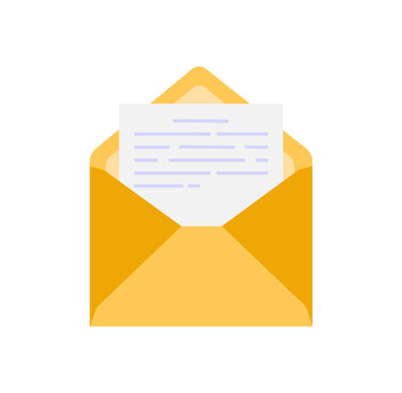 Open vector craft envelope with document. New mail letter. Sending correspondence. Flat icon illustration isolated on color backgroundのイラスト素材