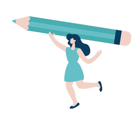 Tiny woman holding big turquoise pencil over her head. Concept of search information, solution, analyze, write, journalist, blogger. Vector illustration in flat style, character designのイラスト素材