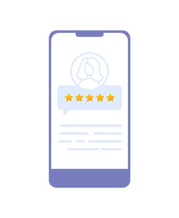 Woman satisfied customer give rating 5 stars on smartphone. People feedback vector illustration by giving star rating. Flat online shopping with give five rating and reviewのイラスト素材