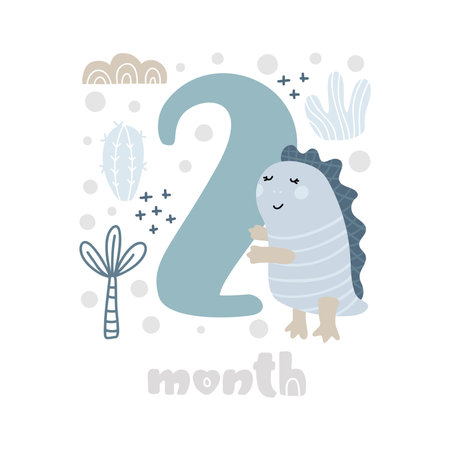 2 two months Baby boy anniversary card metrics. Baby shower print with cute animal dino, flowers and palm capturing all special moments. Baby milestone card for newbornのイラスト素材