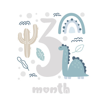 3 three months Baby boy anniversary card metrics. Baby shower print with cute animal dino, flowers and palm capturing all special moments. Baby milestone card for newbornのイラスト素材