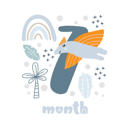 7 seven months Baby boy anniversary card metrics. Baby shower print with cute animal dino, flowers and palm capturing all special moments. Baby milestone card for newbornのイラスト素材
