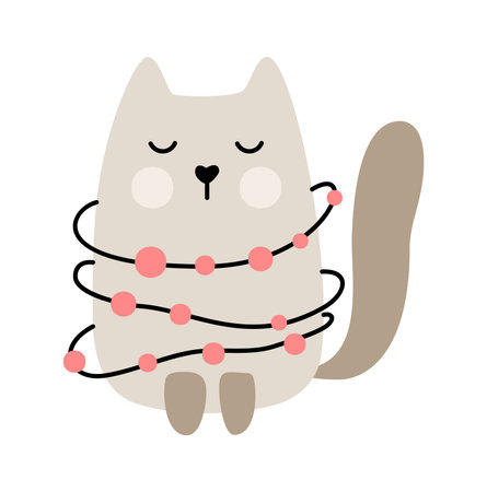 Cute baby cartoon vector cat wrapped in Christmas garland. Color doodle scandinavian style for new year. Graphic resource for graphic, content, bannerのイラスト素材