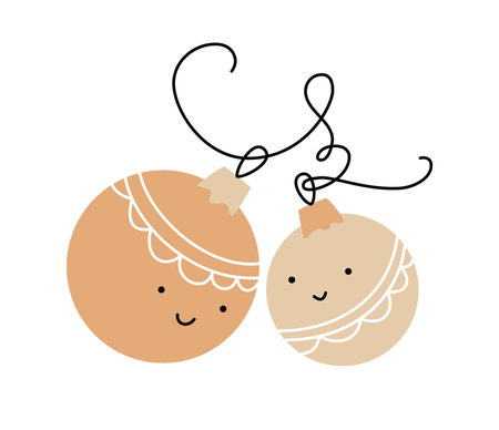 Line hand drawn two cute happy lover balls toy couple for tree. Merry xmas and Happy New Year contour isolated illustration for the celebration of winter holidaysのイラスト素材