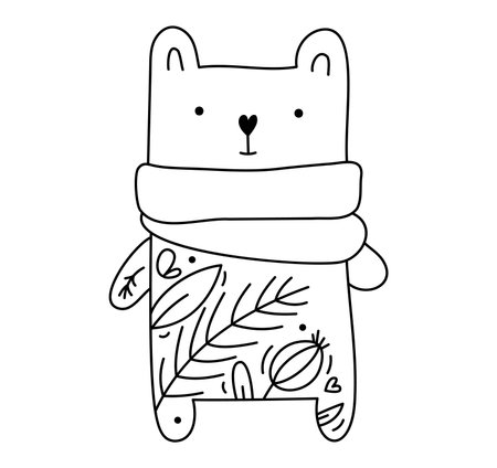 Hand drawn baby vector Christmas line winter bear with line berries, branches texture. Xmas advent icon outline illustration for greeting card baby, web design, invitationのイラスト素材
