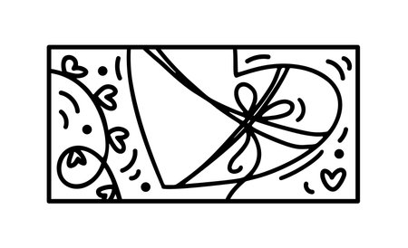 Valentine vector composition gift box in form of heart. Hand drawn love holiday constructor logo in rectangle horizontal frame for greeting card, web design invitationのイラスト素材