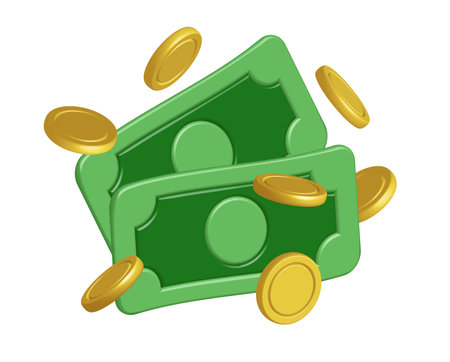 gold coins and paper dollars 3d money realistic vector cash icon with shadows isolated on white background. Concept of business successのイラスト素材
