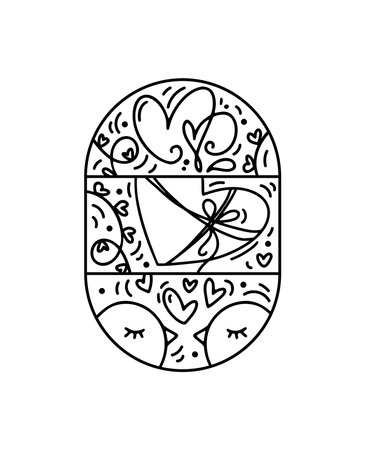 Valentine vector composition constructor , gift box and hearts. Hand drawn love holiday in round frame for greeting card, web design invitationのイラスト素材