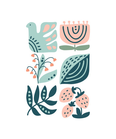 Vector spring logo composition ethnic pattern of flower, bird, leaf, branch, strawberry. Cute boho illustration in hand drawn nordic constructor for scandinavian greeting cardのイラスト素材