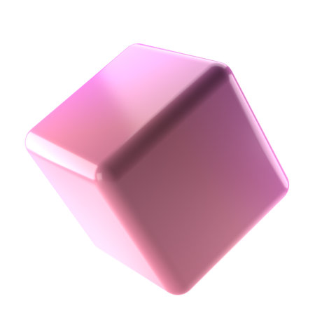 3d element cube abstract geometric shape. Realistic glossy pink and lilac gradient luxury template decorative design illustration. Minimalist bright cube mockup isolated transparent png.の写真素材