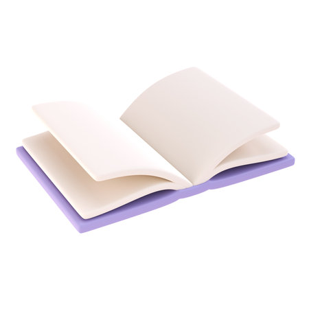 3d icon open book school, diary with white paper blank pages and bookmark. Cartoon minimal style...
