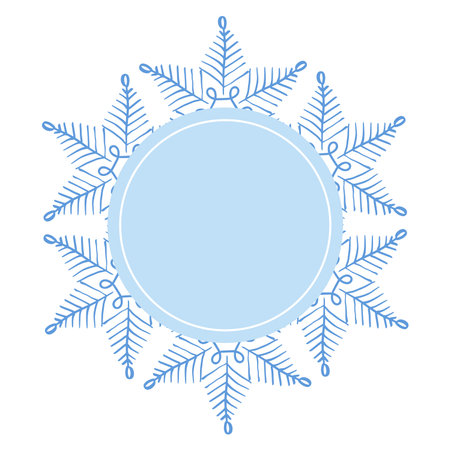 Round Christmas winter decorative snowflake round frame with empty blue center, decorated for greeting card, invitation, web designのイラスト素材