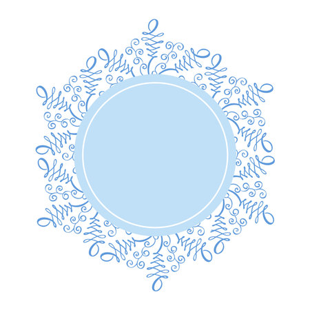 Round Christmas winter decorative snowflake round frame with empty blue center, decorated for greeting card, invitation, web designのイラスト素材