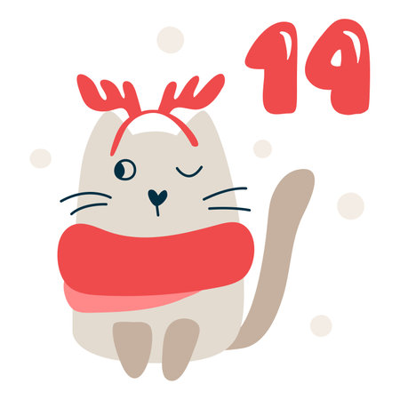 Christmas advent calendar with hand drawn cat. Day fourteen 14. Scandinavian style poster. Cute winter illustration for card, poster, kid room decor, nursery art.のイラスト素材