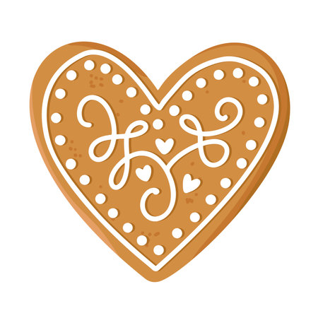 Realistic christmas gingerbread cookie in form of heart, romantic love concept, happy valentine day, vintage hand drawn winter line decor, vector illustrationのイラスト素材
