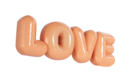 Love 3d beige text realistic rubber balloon on white background for happy valentines day, women day holiday, dating invitation, wedding or marriage greeting card design romantic flyingの写真素材