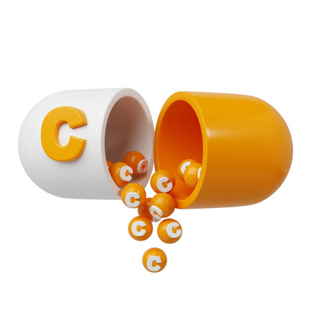 Orange pill or capsule filled with vitamin C. granules are poured out of the open tablet. 3D Rendering illustrationの写真素材