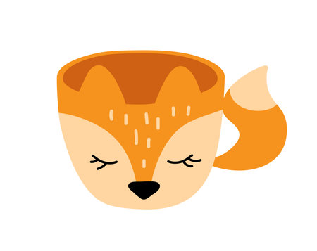 Vector Christmas hand made cup with picture fox. Design for winter holiday card, children book, web illustrationのイラスト素材