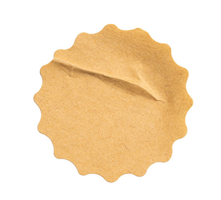Recycled crumpled sticker paper cardboard price tag sticker with copy space, featuring a cutout transparent background for easy integration into designsの写真素材