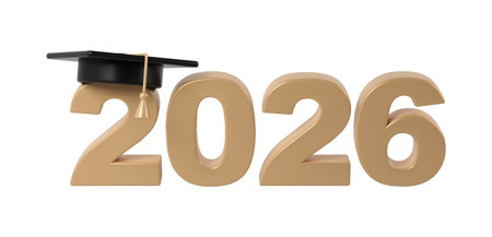 2026 graduation concept with mortarboard on golden numbers, celebrating academic success and future...