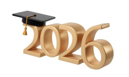 2026 graduation concept with mortarboard on golden numbers, celebrating academic success and future...