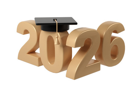 Academic achievement symbolized by graduation cap resting on golden 2026 education numerals,...