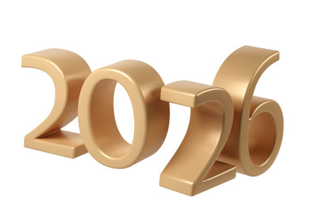 Golden 2026 numbers standing against a transparent background, symbolizing the new future,...