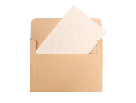 Brown kraft envelope mockup presenting blank textured paper card for a personalized message, transparent backgroundの写真素材