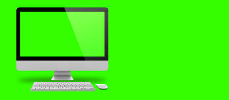Mockup image of White desktop pc with blank green  screen on green background. suitable for your...