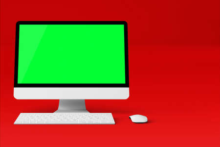 isolated desktop with green screen  on red background. suitable for your element design.3d rendering.の写真素材