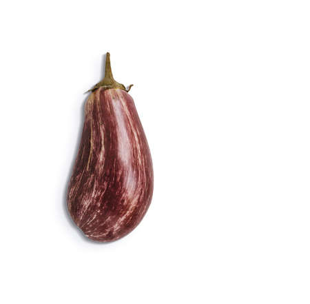 Top view of isolated eggplant on white background. Fresh aubergine with shadow and copyspace for textの写真素材
