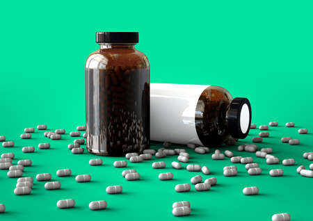3D vitamins bottle isolated on green background. suitable for your design element.の写真素材
