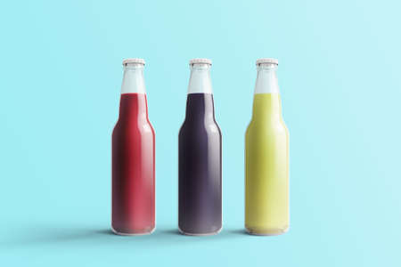Various Fruit Soda bottles, non-alcoholic drink with water drops isolated on toscha background. 3d rendering, suitable for your design project.の写真素材