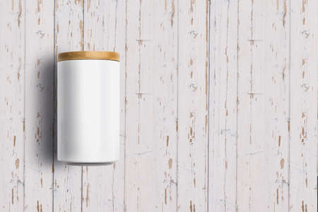 Top up up view white ceramic jar isolated on white wooden background. suitable for your design...