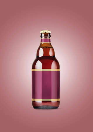 Beer Bottle Mock-Up with Blank Label on maroon background . oktoberfest concept.の写真素材