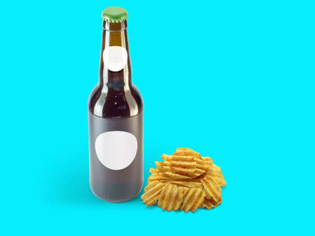 Potatoes chip snacks and brown bottle isolated on colored background. oktoberfest concept.の写真素材