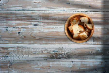 Pieces roasted bread in Creative conceptual top view flat lay composition with copy space isolated.の写真素材