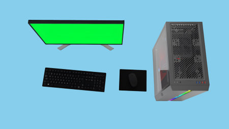 A computer setup featuring a monitor, keyboard, mouse, and CPU case.