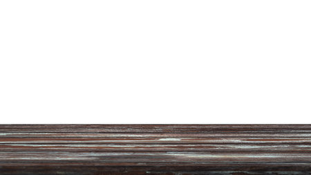 Wood table front view with blank white background for product display.の写真素材